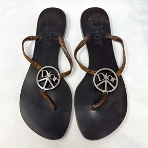 Christian Dior Vintage Y2K Peace Sign Suede Leather Thong Flat Sandals Brown 38